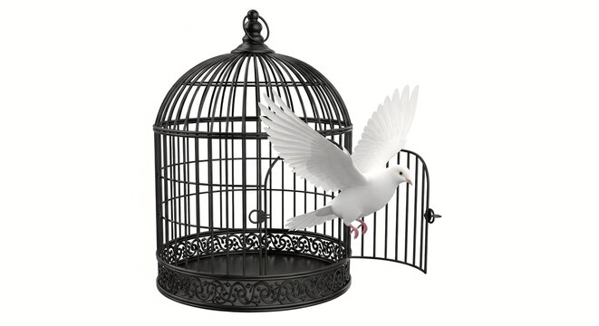 A white dove escaping from a black decorative birdcage with its wings spread