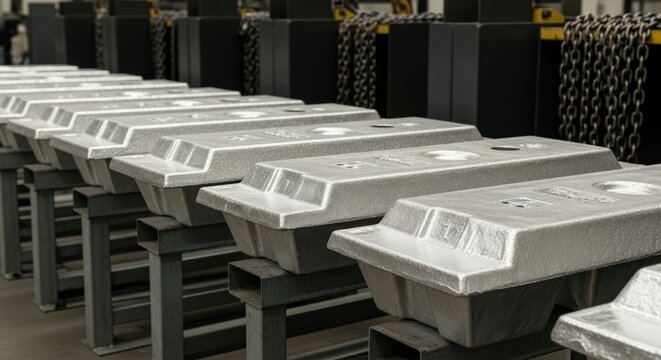 Metal ingot production in foundry factory with industrial casting molds aligned