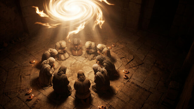 Overhead View of Holy Spirit Miracle Gathering in Christian Pentecost Prayer Circle