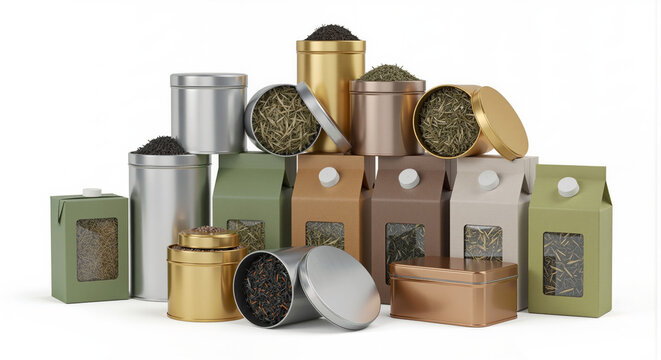 Assorted tea containers and packaging for various herbal and leafy infusions showcasing different materials and designs for storing and serving tea.