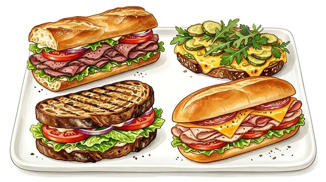 Assorted fresh sandwiches on a white tray, including baguette subs and grilled sourdough bread