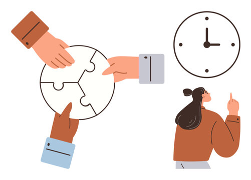 Collaboration, time management, teamwork, productivity, problem-solving, goal setting. Hands assembling puzzle pieces and a woman pointing at a clock. Teamwork and time management concept
