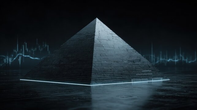 Monumental stone structure with glowing base rests upon a wet surface beneath digital data visualization
