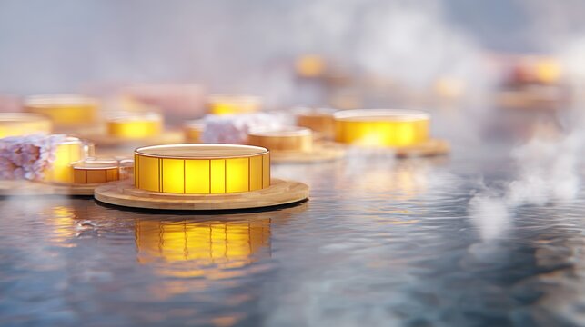 Illuminated cylindrical bath structures float upon calm water amidst rising vapor