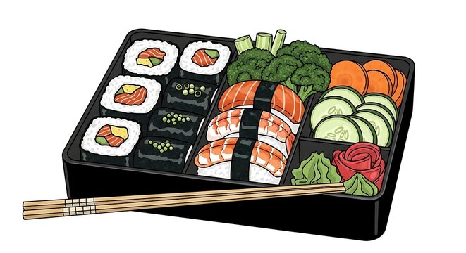 Colorful vegetable and fruit pattern on blackboard lunchbox.