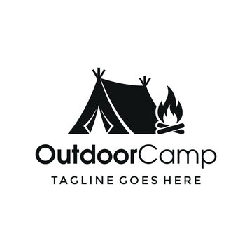 Outdoor camping tent and campfire logo for nature enthusiasts.