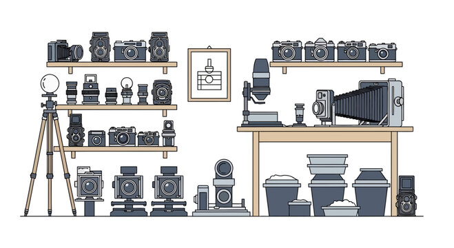 Vintage Camera Collection Displayed on Shelves and Table