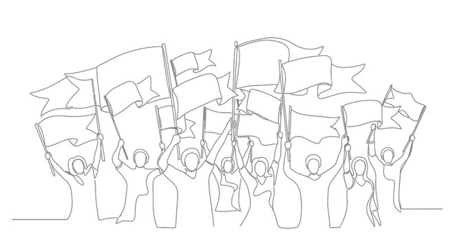 Group of people holding blank flags in protest or celebration, continuous line drawing