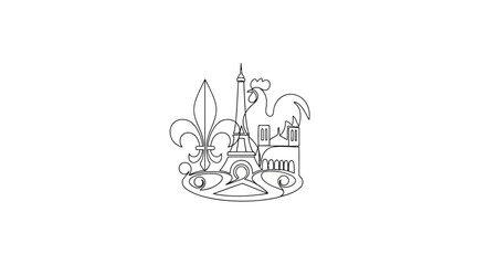 France Emblem: Eiffel Tower, Fleur-de-lis, Rooster, Paris Skyline Outline © Akun Berkah