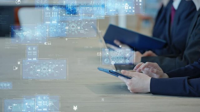会議する男女ビジネスパーソンのグループとデジタルテクノロジーのコンセプト
