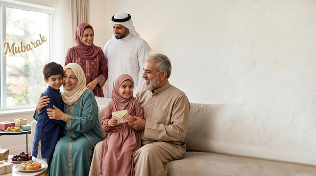 Happy multi-generational Arab family celebrating Eid al-Adha at home, grandparents giving Eidi gifts to grandchildren in living room with Mubarak decoration and copy space.
