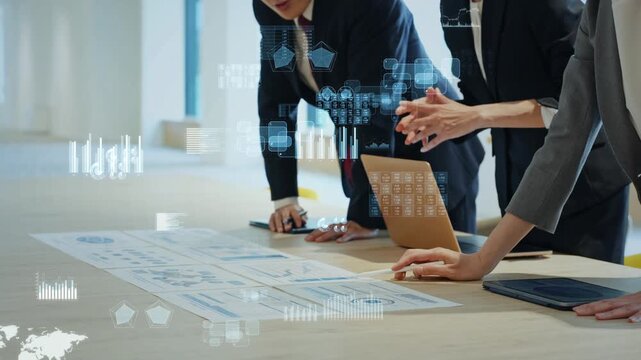 Concept of groups of male and female business professionals in meetings and statistical data