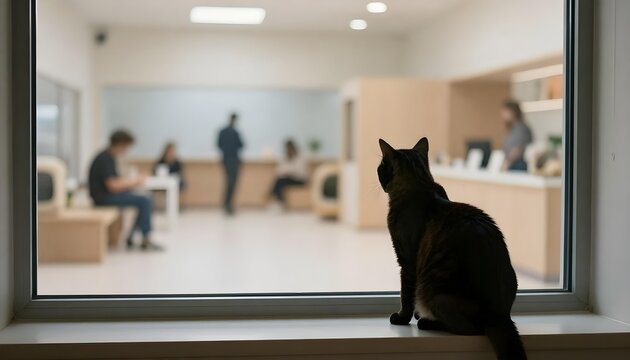 A cat looks out a window at people, embodying the spirit of National Adopt a Cat Month and the joy of finding a forever home
