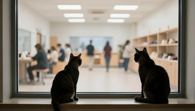 A rescue cat gazes out a window, watching people, symbolizing the hope of finding a forever home during adoption month