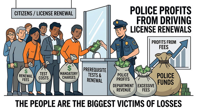 Police officer handing money to people at counter with license renewal fees