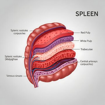 Detailed anatomical illustration of the human spleen structure.