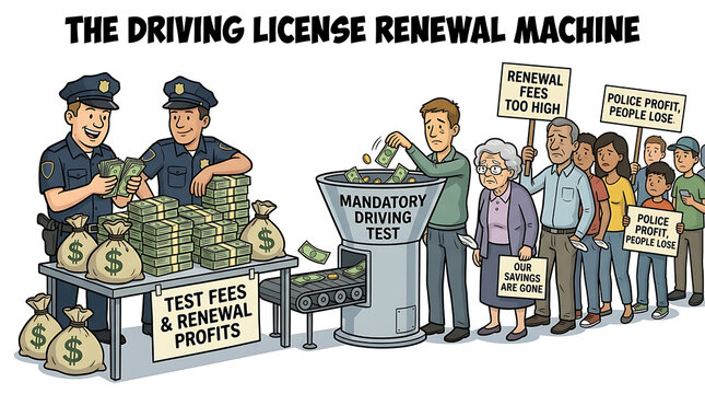 Police officers collect fees from people waiting for driving license renewal