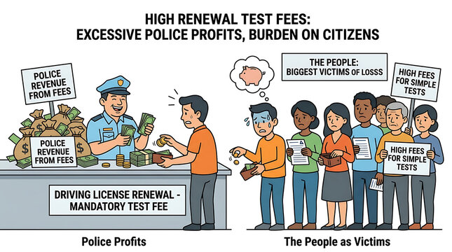Citizens burdened by excessive police profits from driving license renewal test fees