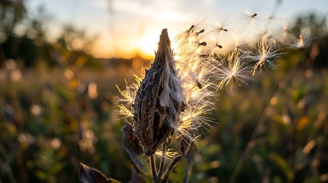 Milkweed pod releasing seeds into the wind at sunset