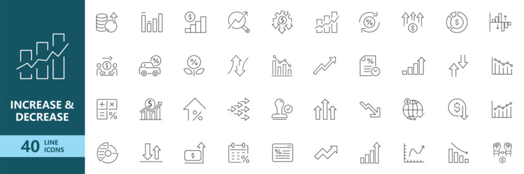 Increase and Decrease Business Growth Icon Set. Outline Icon Collection. Editable Stroke. Vector Illustration