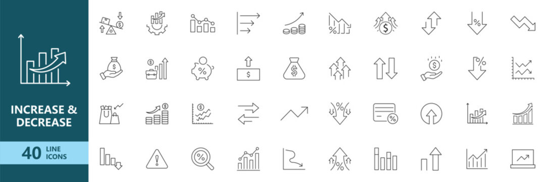 Increase and Decrease Business Growth Icon Set. Outline Icon Collection. Editable Stroke. Vector Illustration