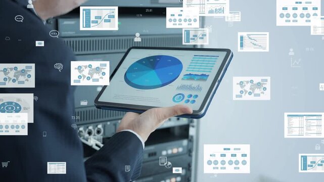 A male engineer inspecting a server and the concept of digital data