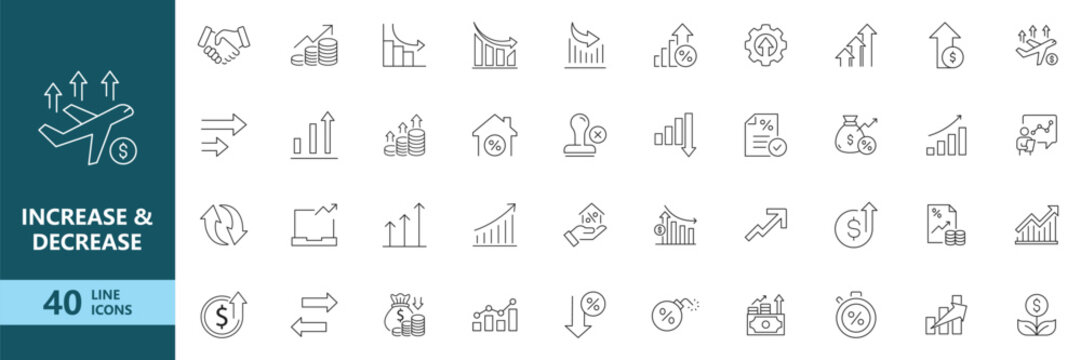 Increase and Decrease Business Growth Icon Set. Outline Icon Collection. Editable Stroke. Vector Illustration