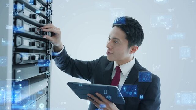 サーバを点検する男性エンジニアとデジタルテクノロジーのコンセプト