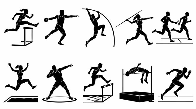 Black silhouettes of athletes competing in various track and field events