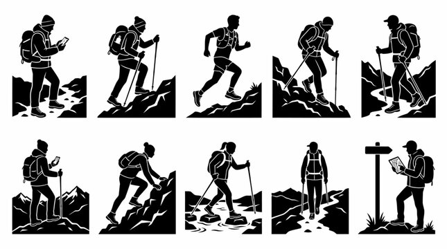 Black silhouette icons of hikers and runners in various mountainous landscapes
