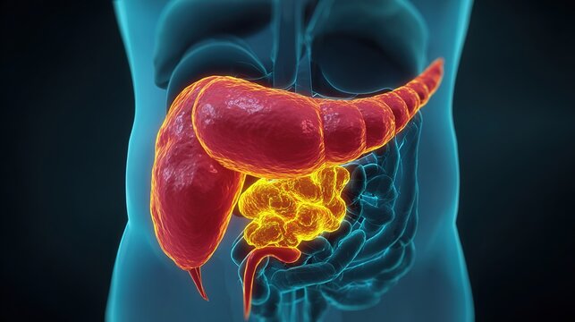 Acute and chronic pancreatitis medical illustration showing inflamed pancreas organ, digestive system disorder, abdominal inflammatory disease, human internal organ pathology 