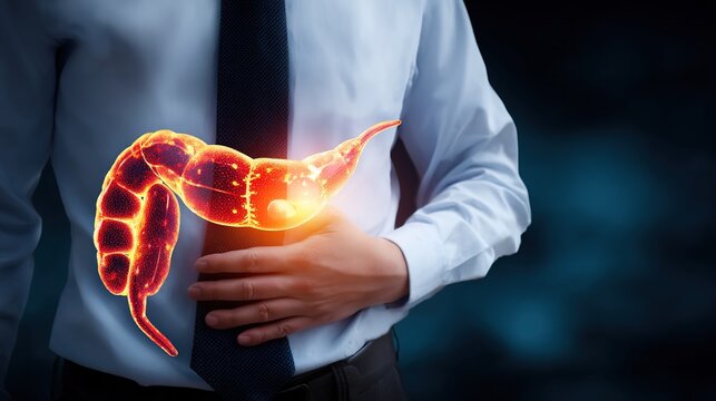 Acute and chronic pancreatitis medical illustration showing inflamed pancreas organ, digestive system disorder, abdominal inflammatory disease, human internal organ pathology 