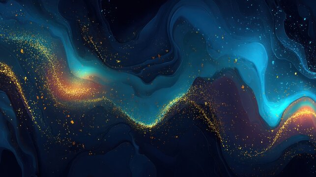 Mesmerizing liquid flow depicts abstract cosmic swirls illuminated by golden particulate matter