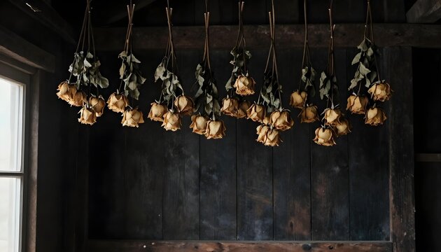 A cozy room featuring hanging dried flowers, embodying the spirit of National Rose Month and the garden to vase experience