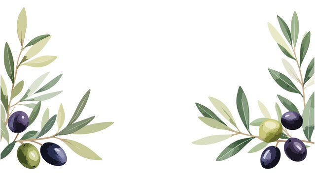 Watercolor olive branches with fruit in decorative footer layout for natural web design