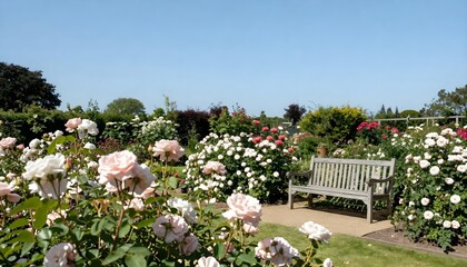 A sun drenched bench in a garden, surrounded by blooming roses, celebrating National Rose Month in June