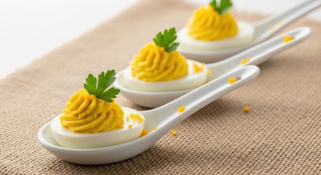 Delicate Deviled Eggs with Yellow Filling and Parsley Garnish Presented on a Serving Spoon