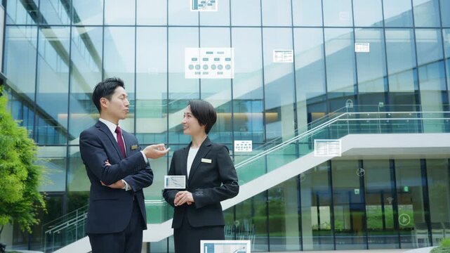 会話する男女ビジネスパーソンのグループとデジタルデータのコンセプト