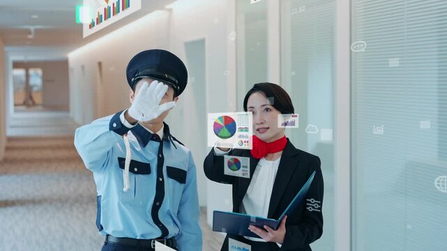 会話する男性警備員と女性スタッフとデジタルデータのコンセプト