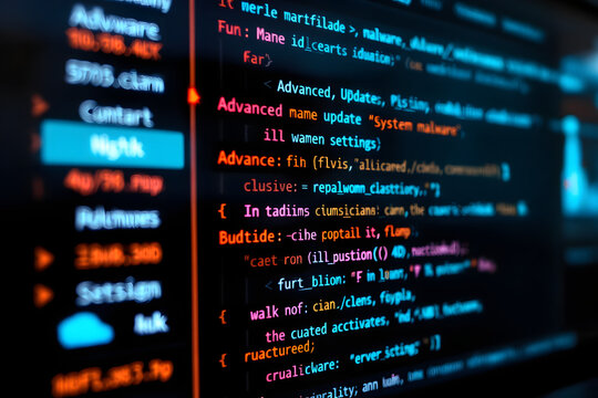 Close-up view of a computer screen displaying lines of colorful code in a programming or development environment.