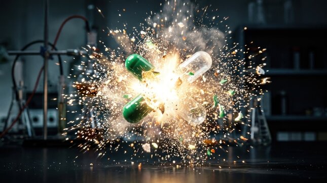 A green and a white pill exploding in a laboratory setting with a black background.