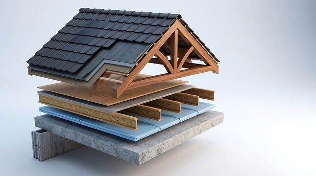 3D exploded diagram of modern house construction and floor layers