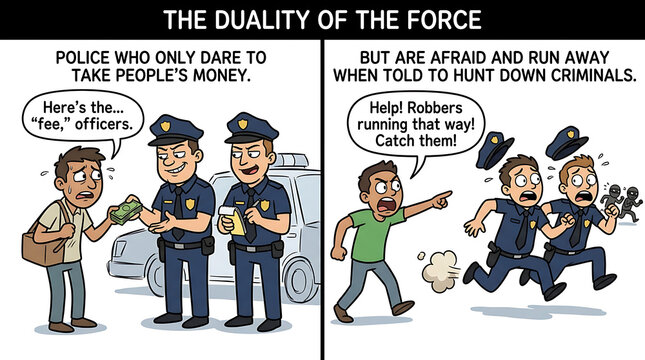 Police officers are shown taking money from a man while others run after robbers.