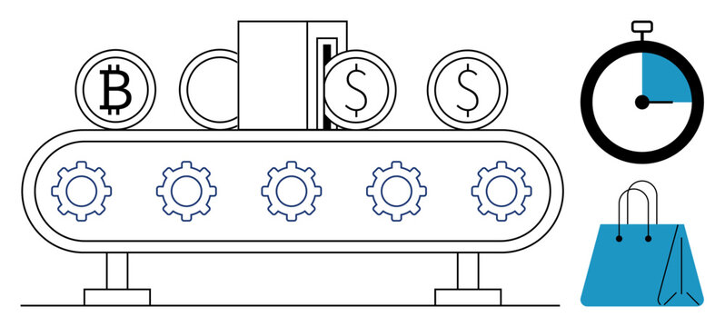 Cryptocurrency, payments, fintech, e-commerce, automation, economic flow. Conveyor belt with Bitcoin and Dollar symbols, gears clock and shopping bag. Cryptocurrency and payments concept