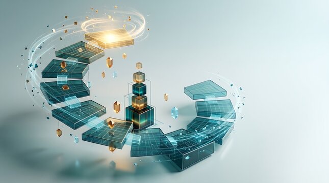 Futuristic data vortex with glass panels and glowing crystals