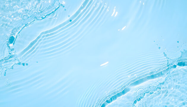 Transparent blue clear water surface texture with ripples, splashes and bubbles. Abstract summer banner background Water waves in sunlight with copy space Cosmetic moisturizer micellar toner emulsion