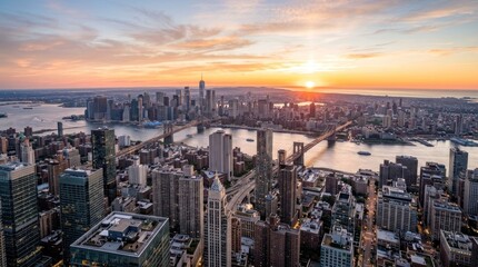 Fototapeta premium A panoramic aerial view of New York City at sunset, featuring the Brooklyn Bridge, the Manhattan skyline, and the East River.