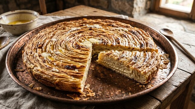 Traditional Albanian Flija Layered Pastry on Large Baking Tray