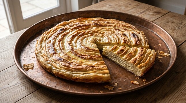 Traditional Albanian Flija Layered Pastry on Large Baking Tray