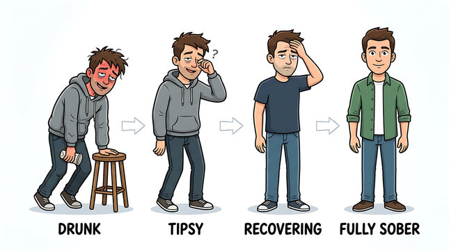 Man transforms from drunk to fully sober through recovering stages